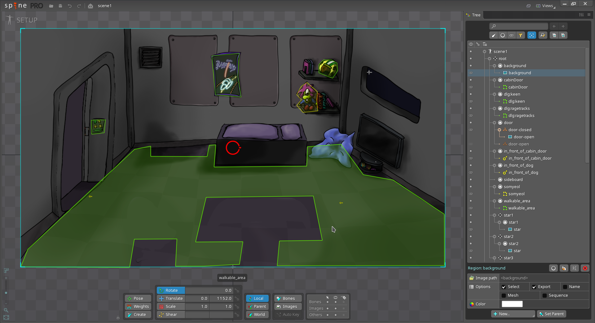 Spine Screenshot, eigentlich ein 2D Animationstool, hier zur Bearbeitung einer Szene verwendet