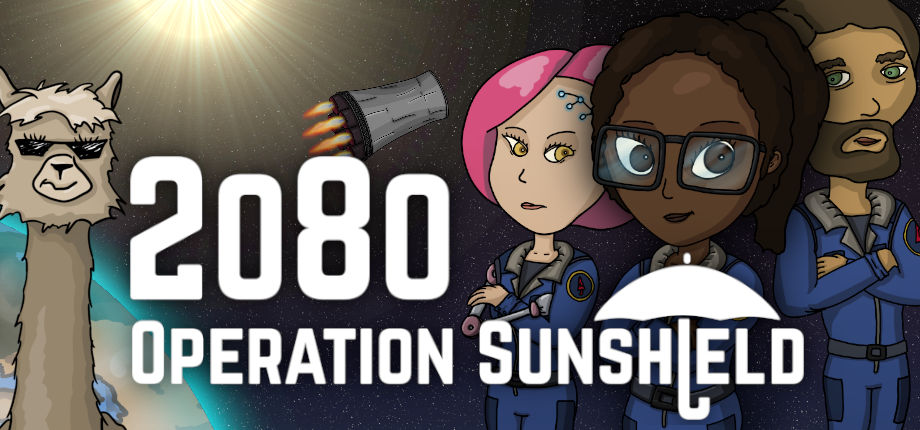 Das Cover-Art für 2080 - Operation Sunshield: Der Titel-Schriftzug vor einer dreiköpfigen Astronautencrew, einem Raumschiff und einem Alpaka