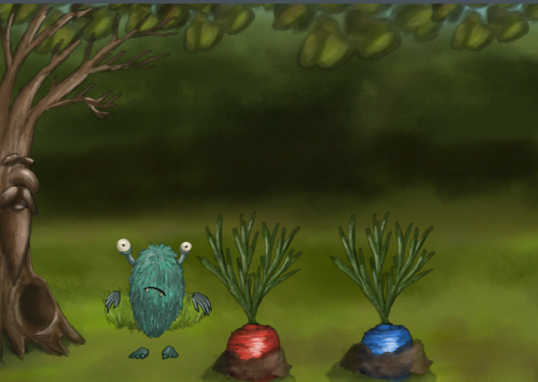 Cure for the Woods Screenshot - ein türkisfarbenes, flauschiges Waldmonster steht vor einem Baum mit Gesicht. Eine blaue und eine rote Karotte stecken im Waldboden.