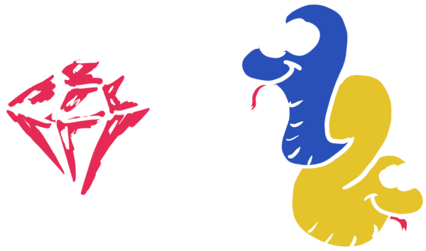 a sketched ruby and a sketched Python logo with a blue and a yellow snake